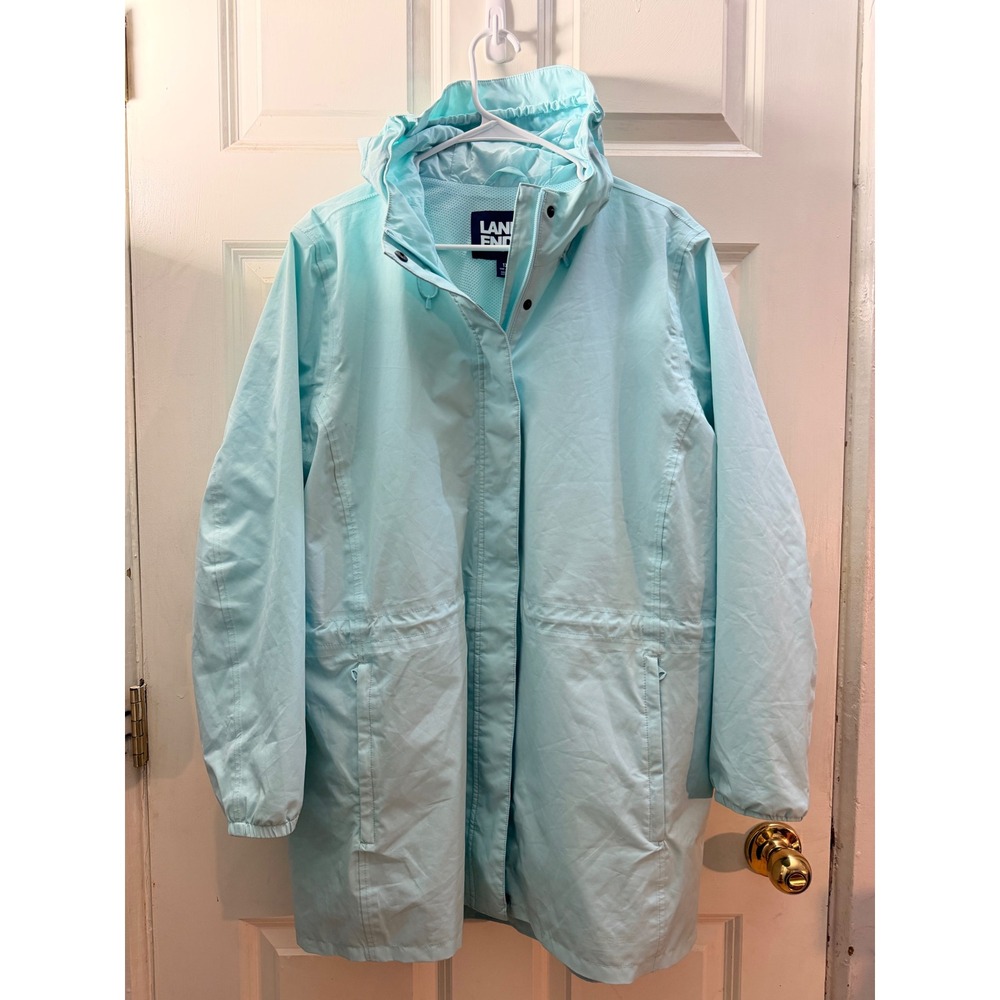 Lands End Womens 1X Light Blue Hooded Rain Jacket Parka Mesh Lined Adjustable